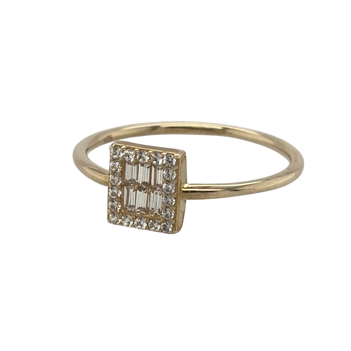 New 9ct Yellow Gold &amp; Cubic Zirconia Rectangle Cluster Ring in various sizes with the approximate weight 1 gram. The front of the ring is 7mm high