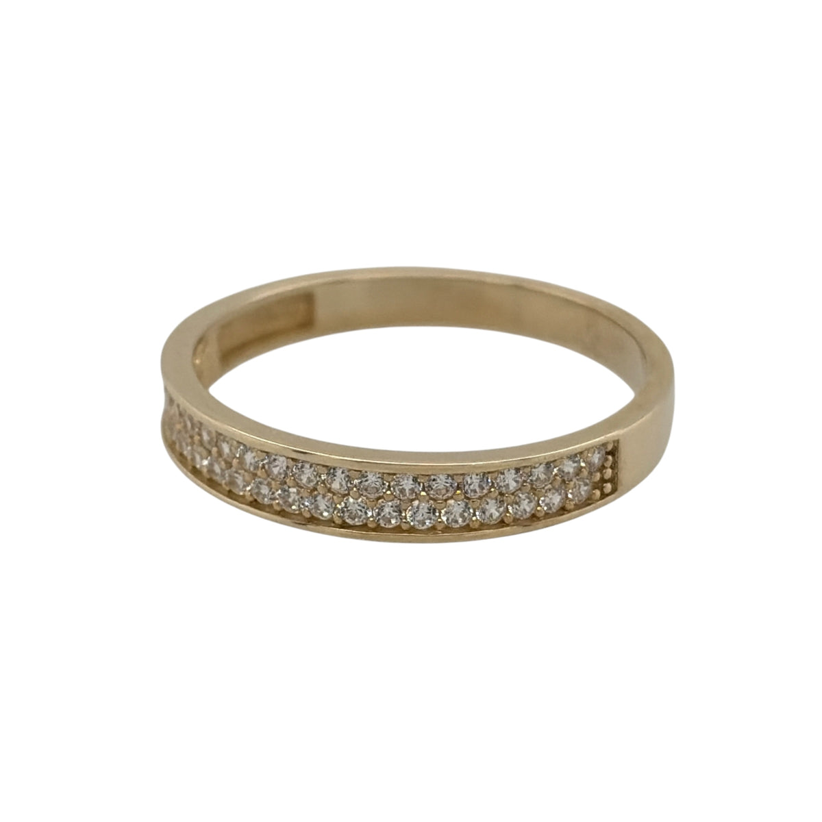 New 9ct Yellow Gold &amp; Cubic Zirconia double row Band Ring in various sizes with the approximate weight 3.10 grams. The front of band is 3mm wide