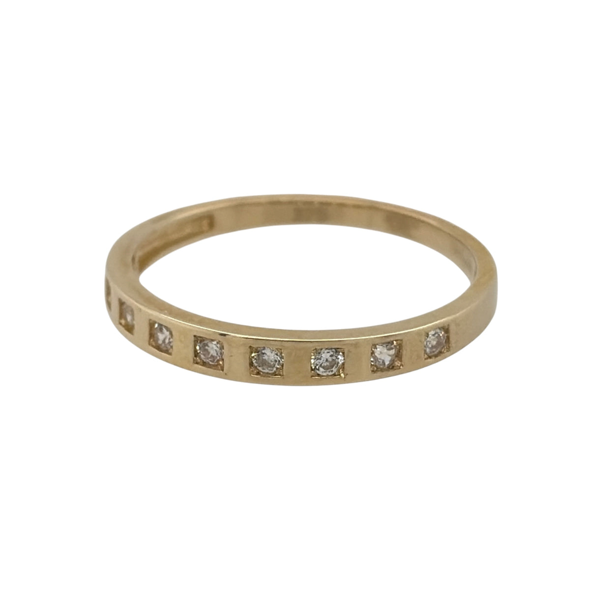 New 9ct Yellow Gold &amp; Cubic Zirconia Band Ring in various sizes with the approximate weight 1.2 grams. The front of the band is 2mm wide