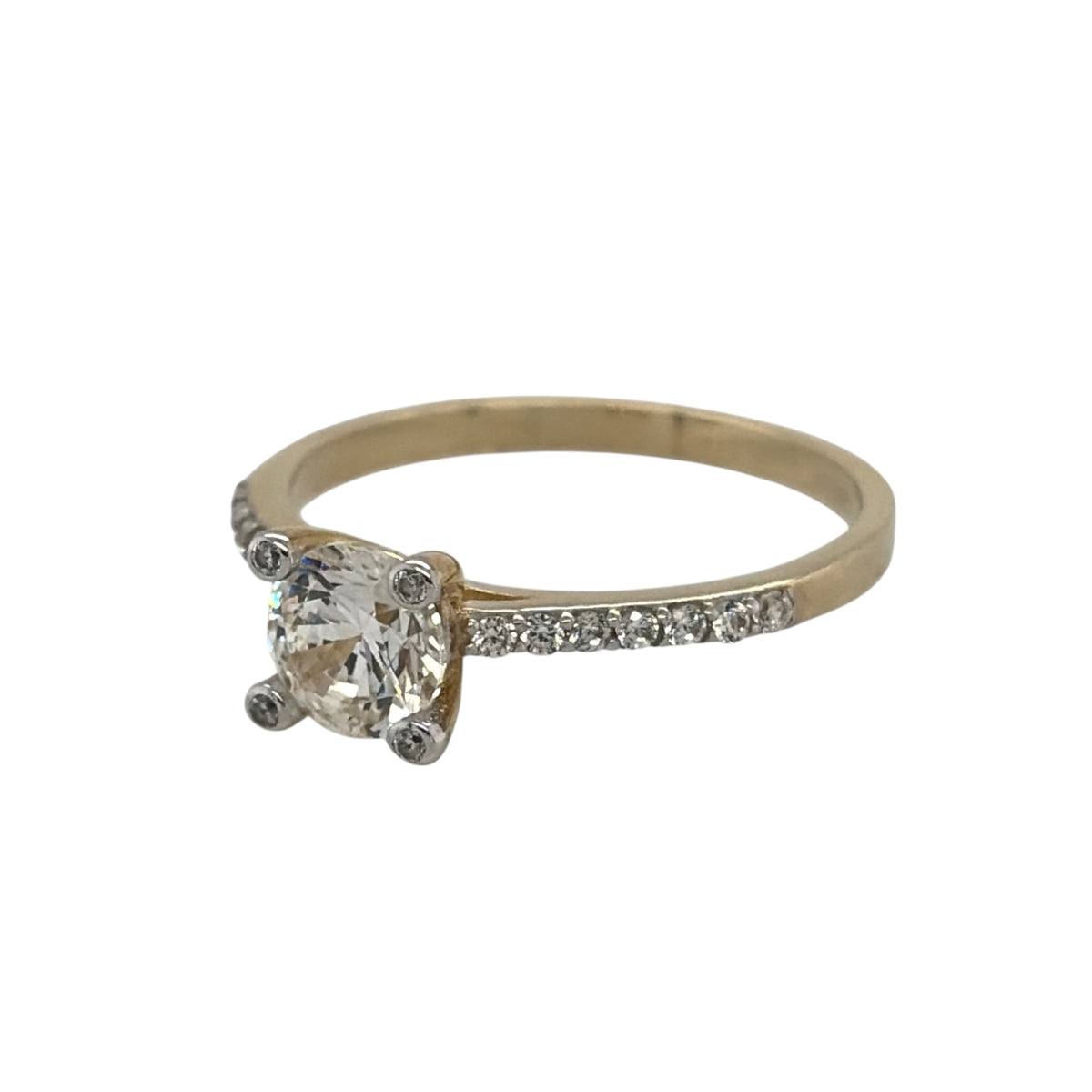 New 9ct Yellow Gold &amp; Cubic Zirconia Solitaire Ring in various sizes with the approximate weight 1.80 grams. The center stone is 6mm diameter with smaller stones around and on the band