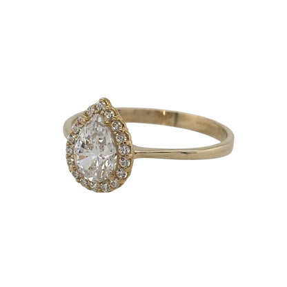 New 9ct Yellow Gold &amp; Cubic Zirconia Teardrop Halo Ring in various sizes with the approximate weight 1.20 grams. The front of the ring is 10mm high