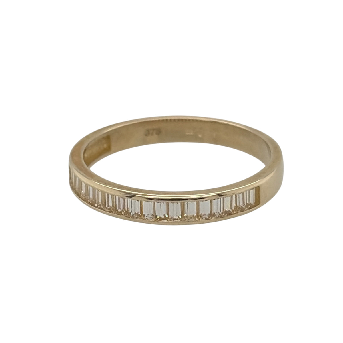 New 9ct Yellow Gold &amp; baguette cut Cubic Zirconia Band Ring in various sizes with the approximate weight 1.50 grams. The front of the band is 3mm wide