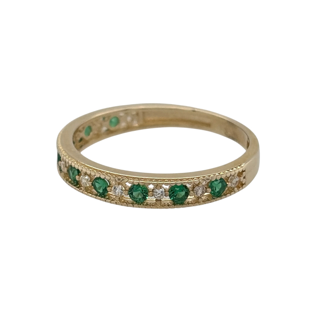 New 9ct Gold Emerald coloured green stone &amp; Cubic Zirconia milgrain edge Band Ring in various sizes with the approximate weight 1.10 grams. The front of the band is approx 3mm wide