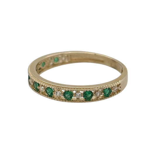 New 9ct Gold Emerald coloured green stone &amp; Cubic Zirconia milgrain edge Band Ring in various sizes with the approximate weight 1.10 grams. The front of the band is approx 3mm wide