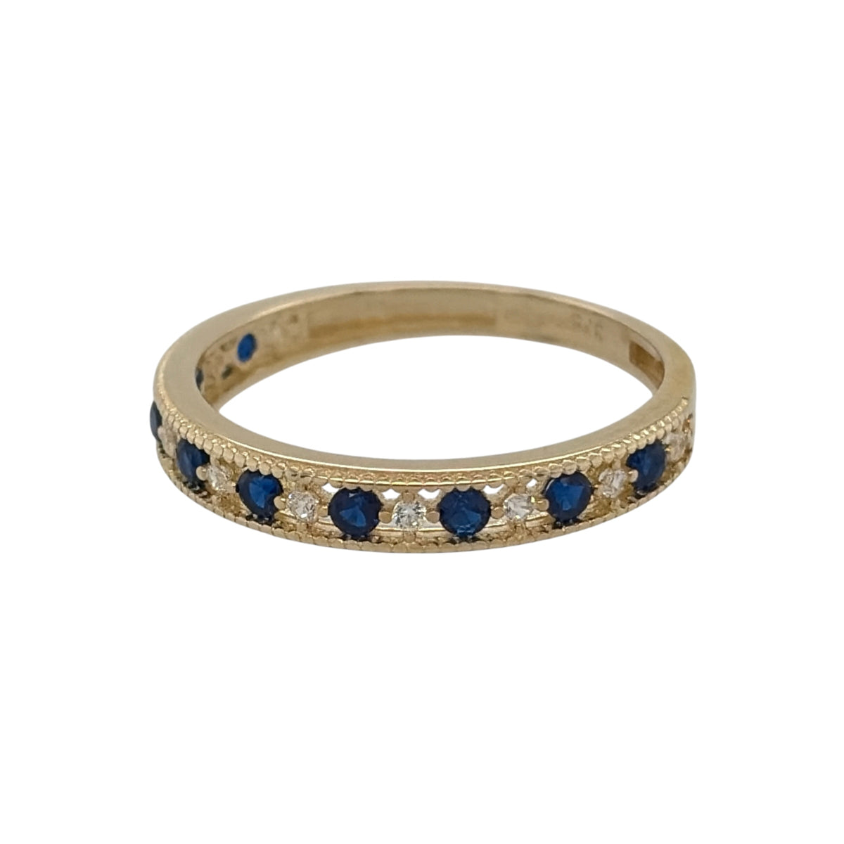 New 9ct Gold Sapphire coloured blue stone &amp; Cubic Zirconia milgrain edge Band Ring in various sizes with the approximate weight 0.90 grams. The front of the band is approx 3mm wide