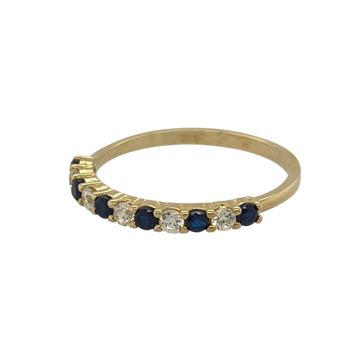 New 9ct Gold Sapphire coloured blue stone &amp; Cubic Zirconia Band Ring in various sizes with the approximate weight 1.20 grams. The front of the band is approx 2mm wide