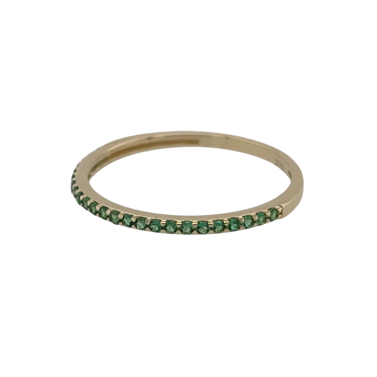 New 9ct Yellow Gold &amp; Emerald coloured stones Band Ring in various sizes with the approximate weight 0.70 grams. The front of the band is approx 1mm wide