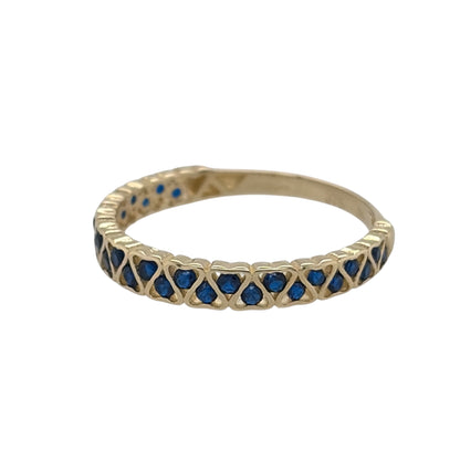 New 9ct Yellow Gold &amp; Sapphire coloured blue stones Heart Band Ring in various sizes with the approximate weight 1 gram. The front of the band is approx 3mm wide
