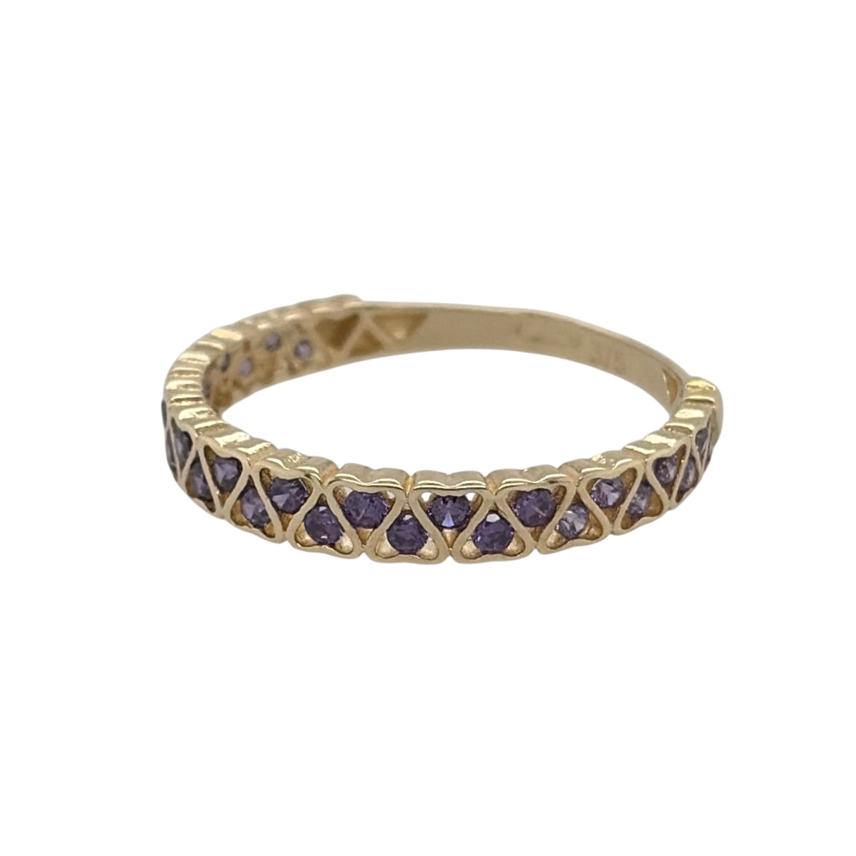 New 9ct Yellow Gold &amp; Amethyst coloured purple stones Heart Band Ring in various sizes with the approximate weight 1.10 grams. The front of the band is approx 3mm wide