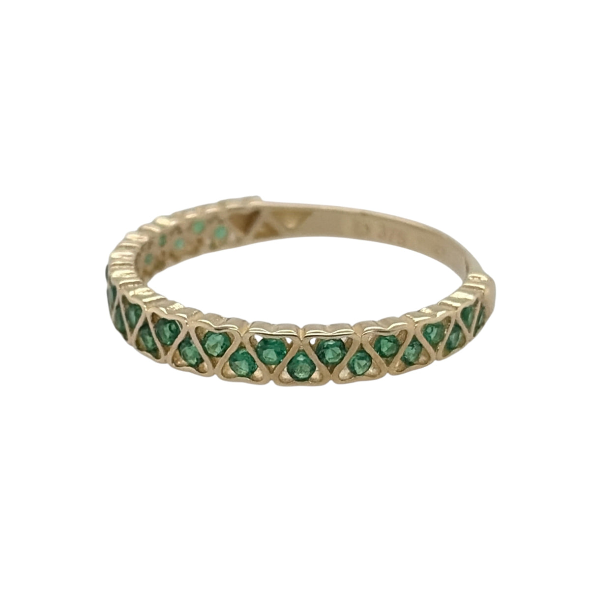 New 9ct Yellow Gold &amp; Emerald coloured green stones Heart Band Ring in various sizes with the approximate weight 1.10 grams. The front of the band is approx 3mm wide