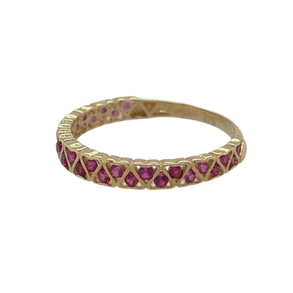New 9ct Yellow Gold &amp; Ruby coloured pink stones Heart Band Ring in various sizes with the approximate weight 1.0 gram. The front of the band is approx 3mm wide
