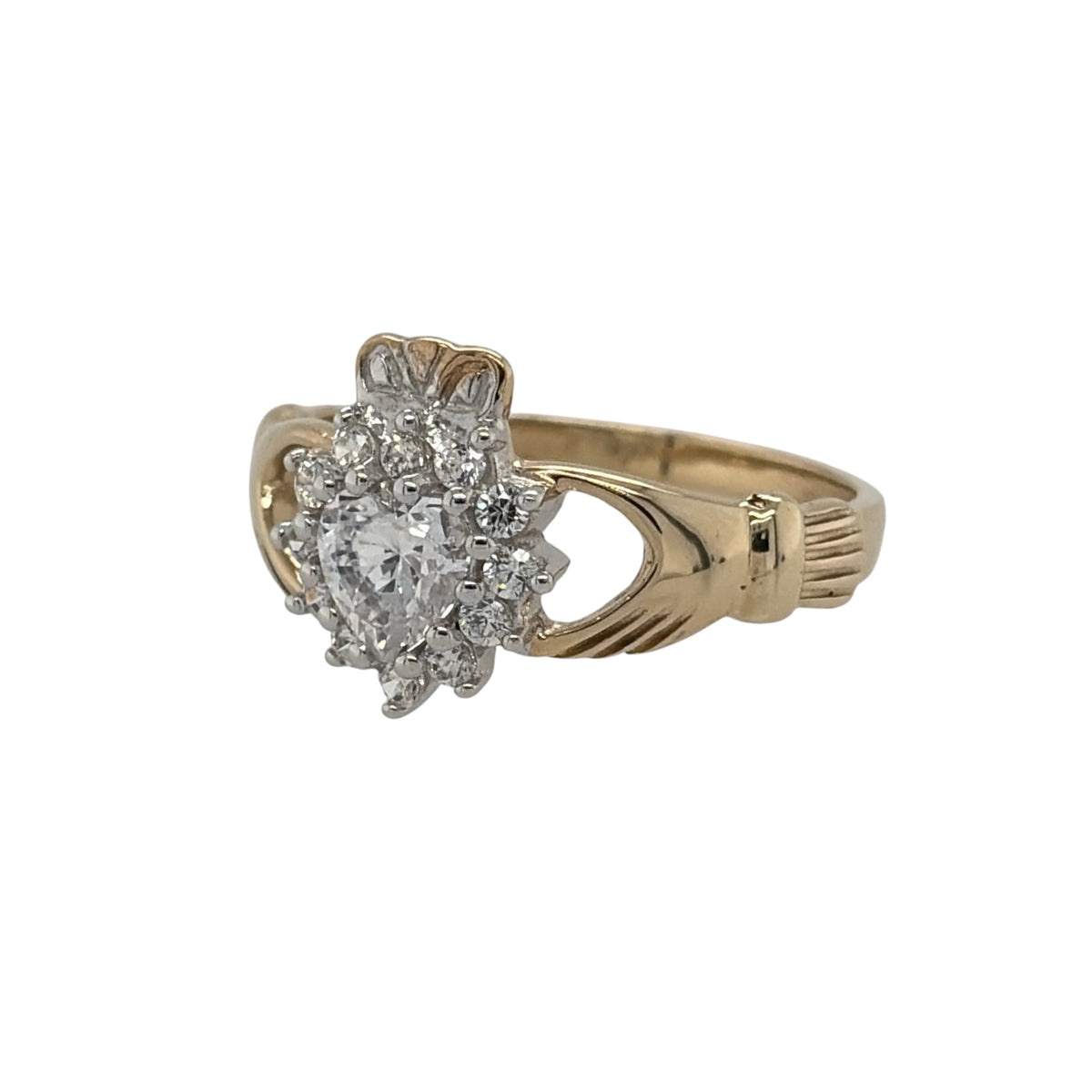 New 9ct Yellow Gold &amp; Cubic Zirconia Claddagh Ring in various sizes with the approximate weight 2.70 grams. The front of the ring is 12mm high