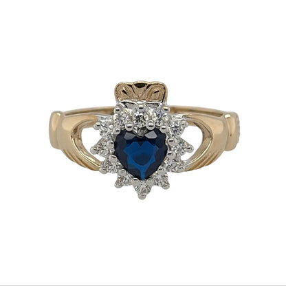 9ct Gold Sapphire & Cubic Zirconia Claddagh Ring