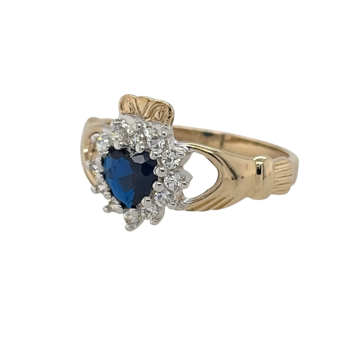 New 9ct Yellow Gold Sapphire coloured blue stone &amp; Cubic Zirconia Claddagh Ring in various sizes with the approximate weight 2.70 grams. The front of the ring is 12mm high