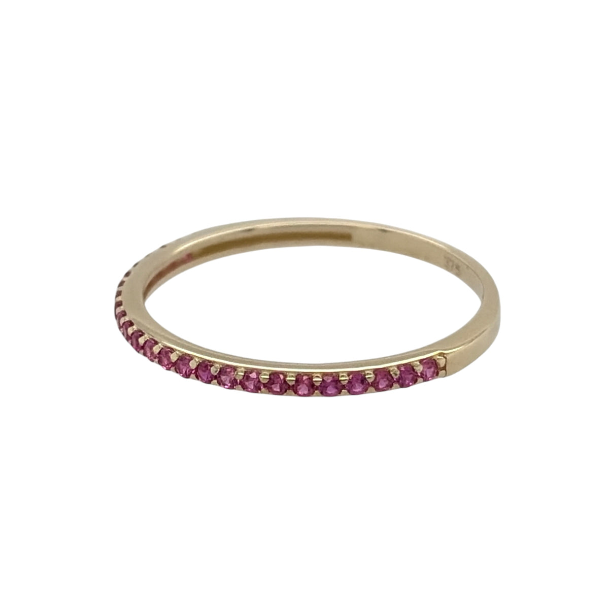New 9ct Yellow Gold &amp; Ruby coloured pink stones Band Ring in various sizes with the approximate weight 0.70 grams. The front of the band is approx 1mm wide