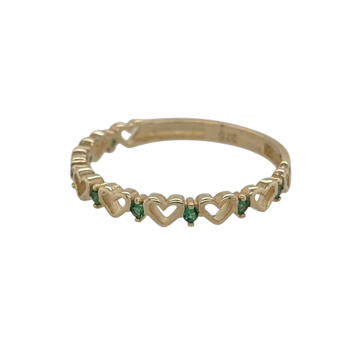 New 9ct Yellow Gold &amp; Emerald coloured green stone Heart Band Ring in various sizes with the approximate weight 0.90 grams. The front of the band is approx 3mm wide