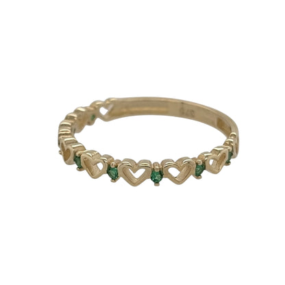 New 9ct Yellow Gold &amp; Emerald coloured green stone Heart Band Ring in various sizes with the approximate weight 0.90 grams. The front of the band is approx 3mm wide