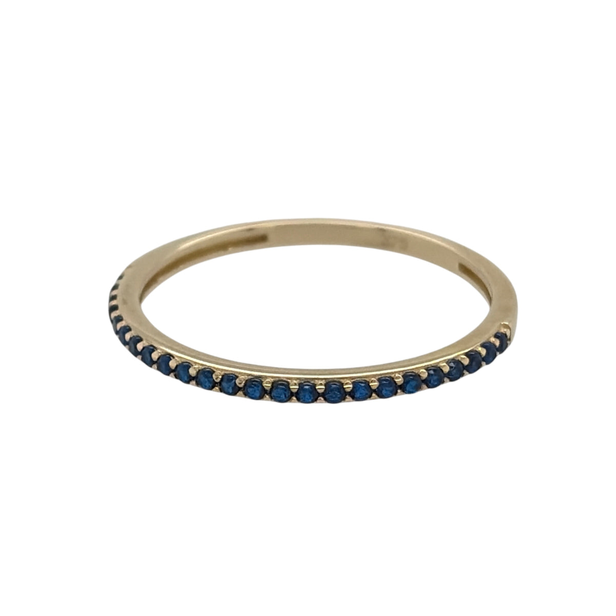 New 9ct Yellow Gold &amp; Sapphire coloured blue stones Band Ring in various sizes with the approximate weight 0.70 grams. The front of the band is approx 1mm wide