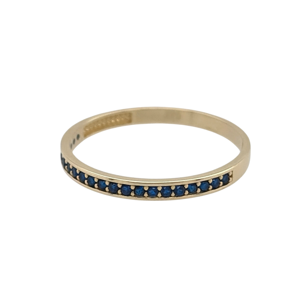 New 9ct Yellow Gold &amp; Sapphire coloured blue stones Band Ring in various sizes with the approximate weight 0.70 grams. The front of the band is approx 2mm wide