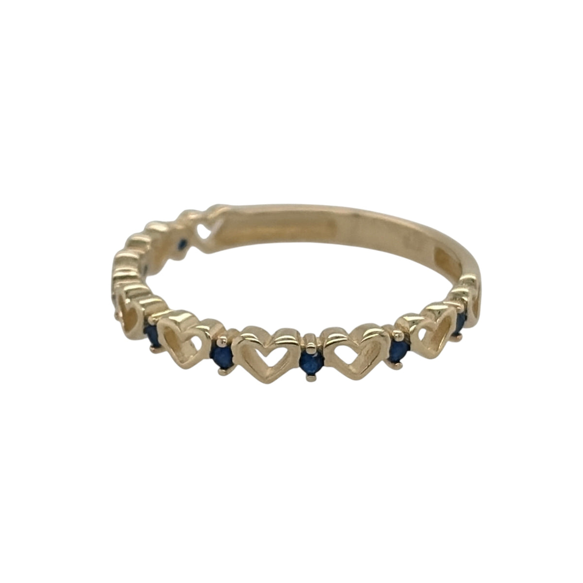 New 9ct Yellow Gold &amp; Sapphire coloured blue stones Heart Band Ring in various sizes with the approximate weight 0.90 grams. The front of the band is approx 3mm wide