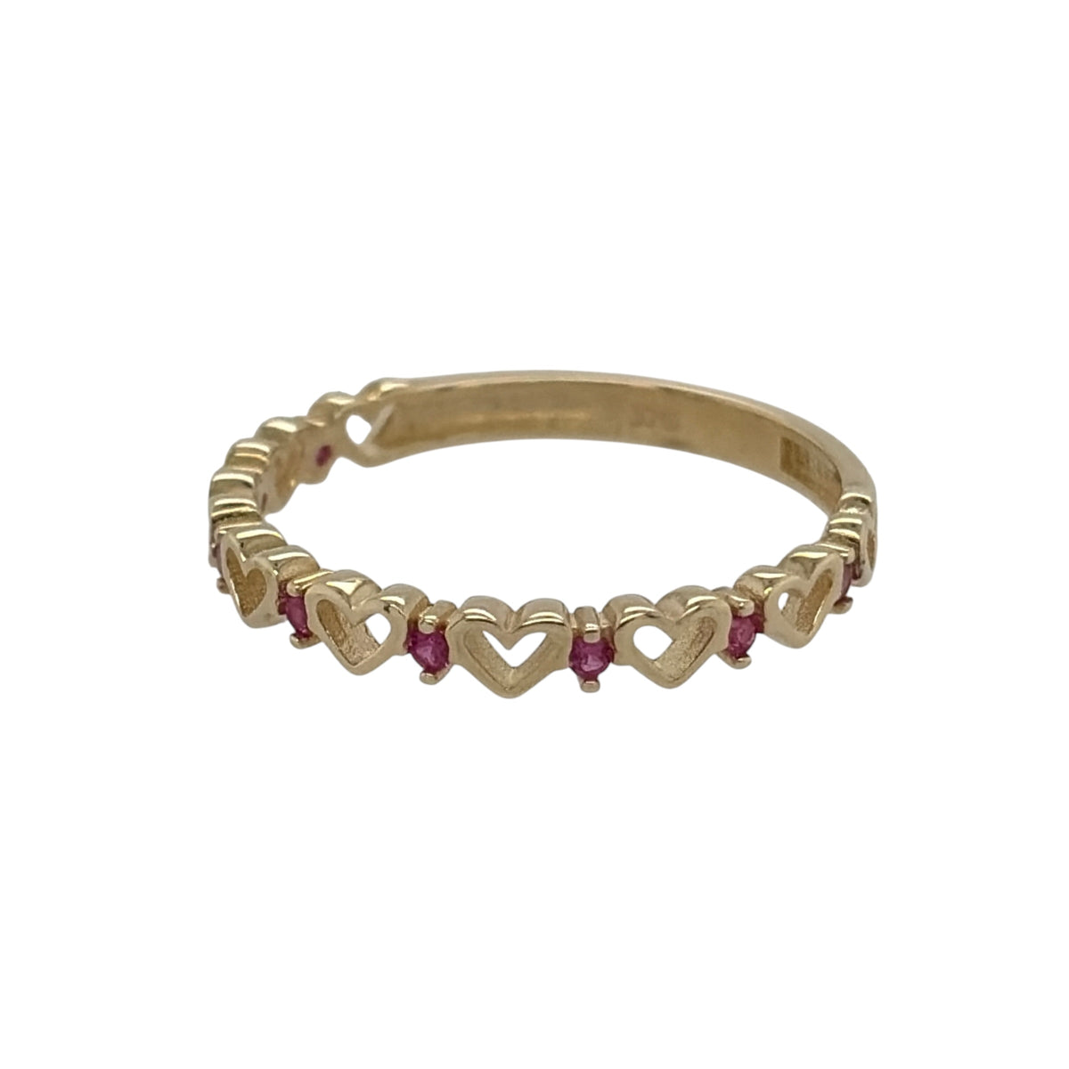 New 9ct Yellow Gold &amp; Ruby coloured pink stones Heart Band Ring in various sizes with the approximate weight 0.90 grams. The front of the band is approx 3mm wide