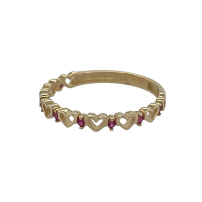 New 9ct Yellow Gold &amp; Ruby coloured pink stones Heart Band Ring in various sizes with the approximate weight 0.90 grams. The front of the band is approx 3mm wide