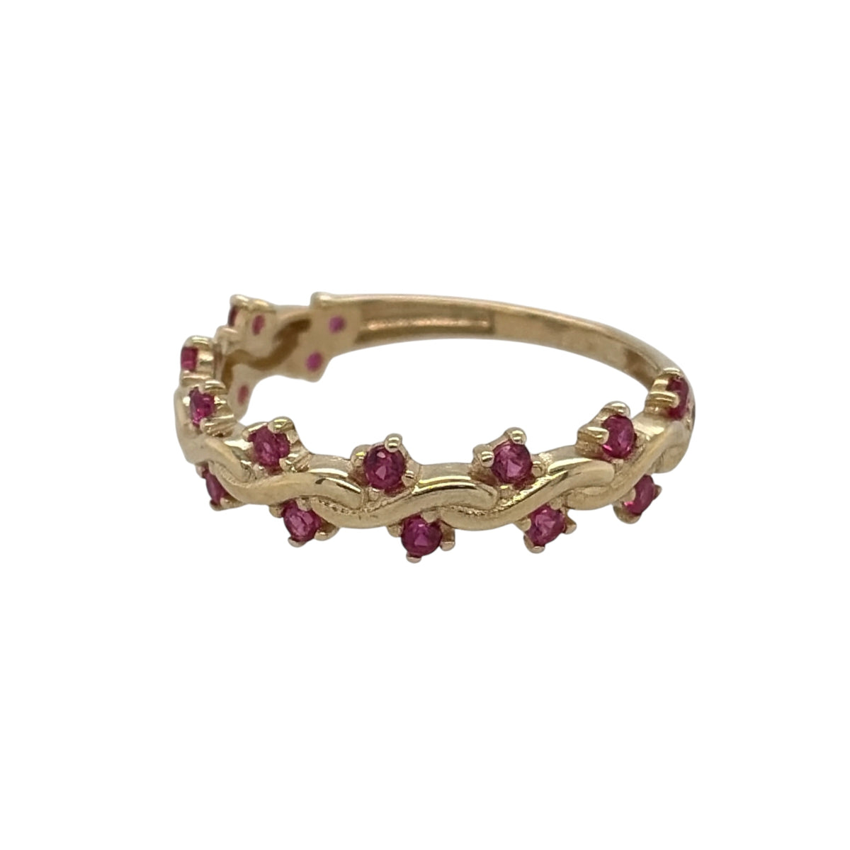 New 9ct Yellow Gold &amp; Ruby coloured pink stones Wave Band Ring in various sizes with the approximate weight 1.10 grams. The front of the band is approx 4mm wide