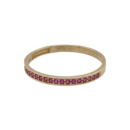 New 9ct Yellow Gold &amp; Ruby coloured pink stones Band Ring in various sizes with the approximate weight 0.70 grams. The front of the band is approx 2mm wide