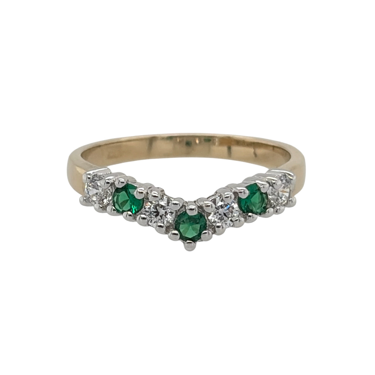 9ct Gold Emerald & Cubic Zirconia Wishbone Ring