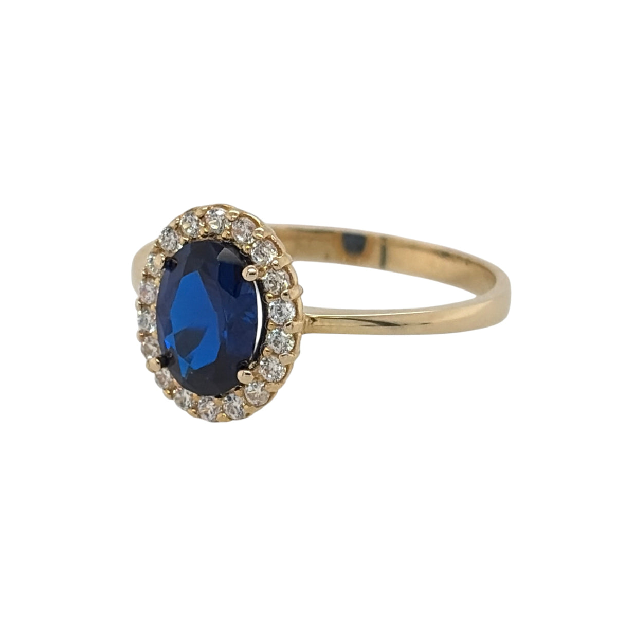 New 9ct Yellow Gold Sapphire coloured blue stone &amp; Cubic Zirconia Cluster Ring in various sizes with the approximate weight 1.20 grams. The center oval blue stone is 7mm by 5mm