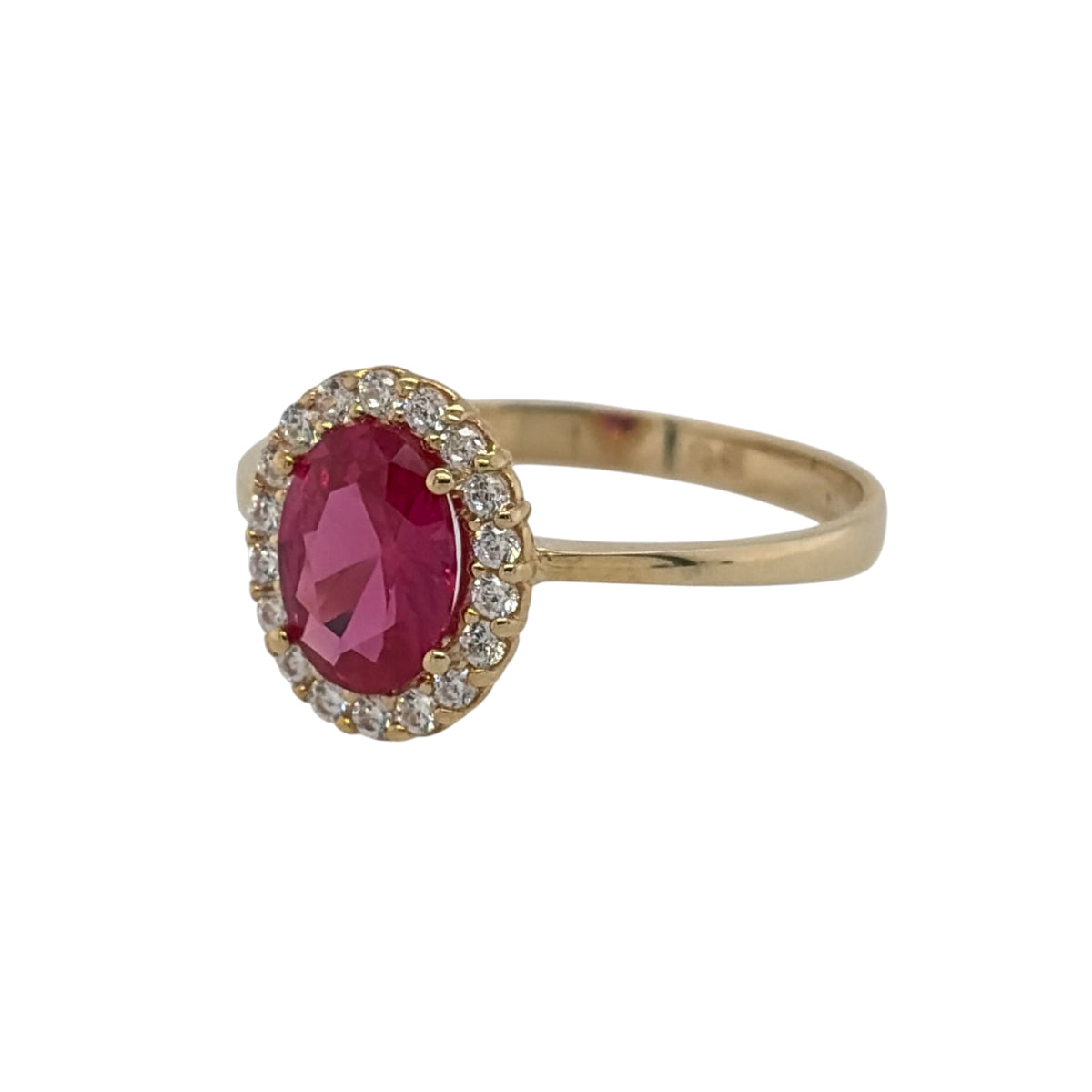 New 9ct Yellow Gold Ruby coloured red/pink stone &amp; Cubic Zirconia Cluster Ring in various sizes with the approximate weight 1.30 grams. The center oval red stone stone is 7mm by 5mm