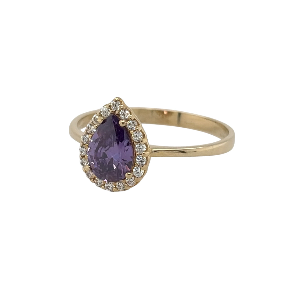 New 9ct Yellow Gold Amethyst coloured purple stone &amp; Cubic Zirconia Teardrop Cluster Ring in various sizes with the approximate weight 1.30 grams. The center teardrop purple stone stone is 7mm by 5mm