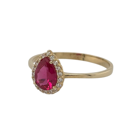 New 9ct Yellow Gold Ruby coloured red/pink stone &amp; Cubic Zirconia Teardrop Cluster Ring in various sizes with the approximate weight 1.20 grams. The center teardrop red stone stone is 7mm by 5mm