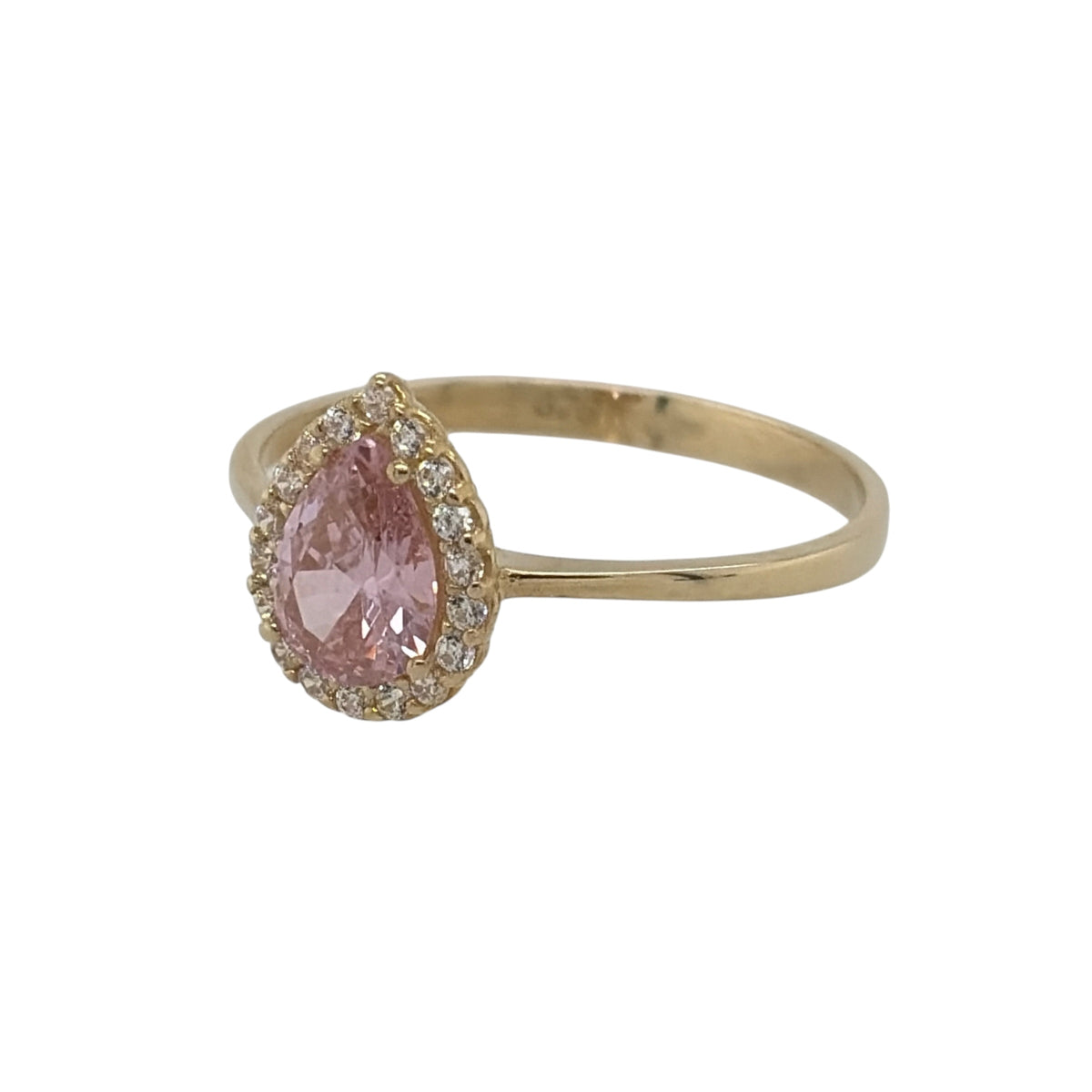 New 9ct Yellow Gold Pink Sapphire coloured pink stone &amp; Cubic Zirconia Teardrop Cluster Ring in various sizes with the approximate weight 1.30 grams. The center teardrop pink stone stone is 7mm by 5mm