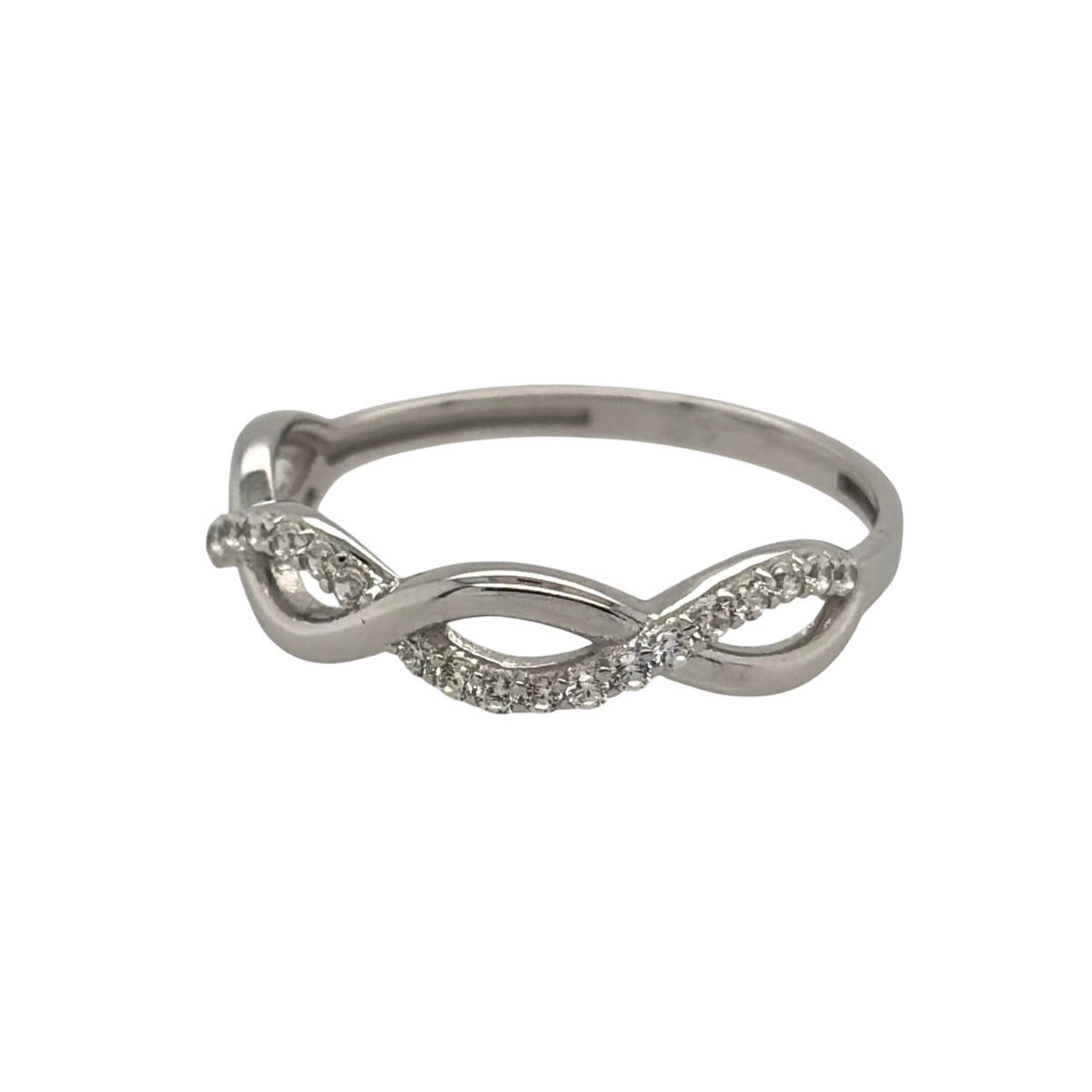 New 9ct White Gold &amp; Cubic Zirconia Infinity Weave Band Ring in various sizes with the approximate weight 0.90 grams. The front of the band is 4mm wide