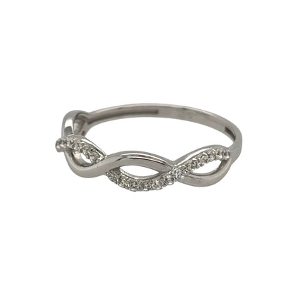 New 9ct White Gold &amp; Cubic Zirconia Infinity Weave Band Ring in various sizes with the approximate weight 0.90 grams. The front of the band is 4mm wide