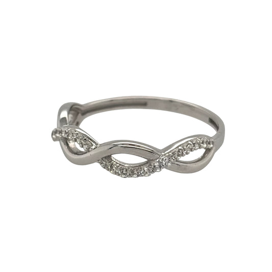 New 9ct White Gold &amp; Cubic Zirconia Infinity Weave Band Ring in various sizes with the approximate weight 0.90 grams. The front of the band is 4mm wide