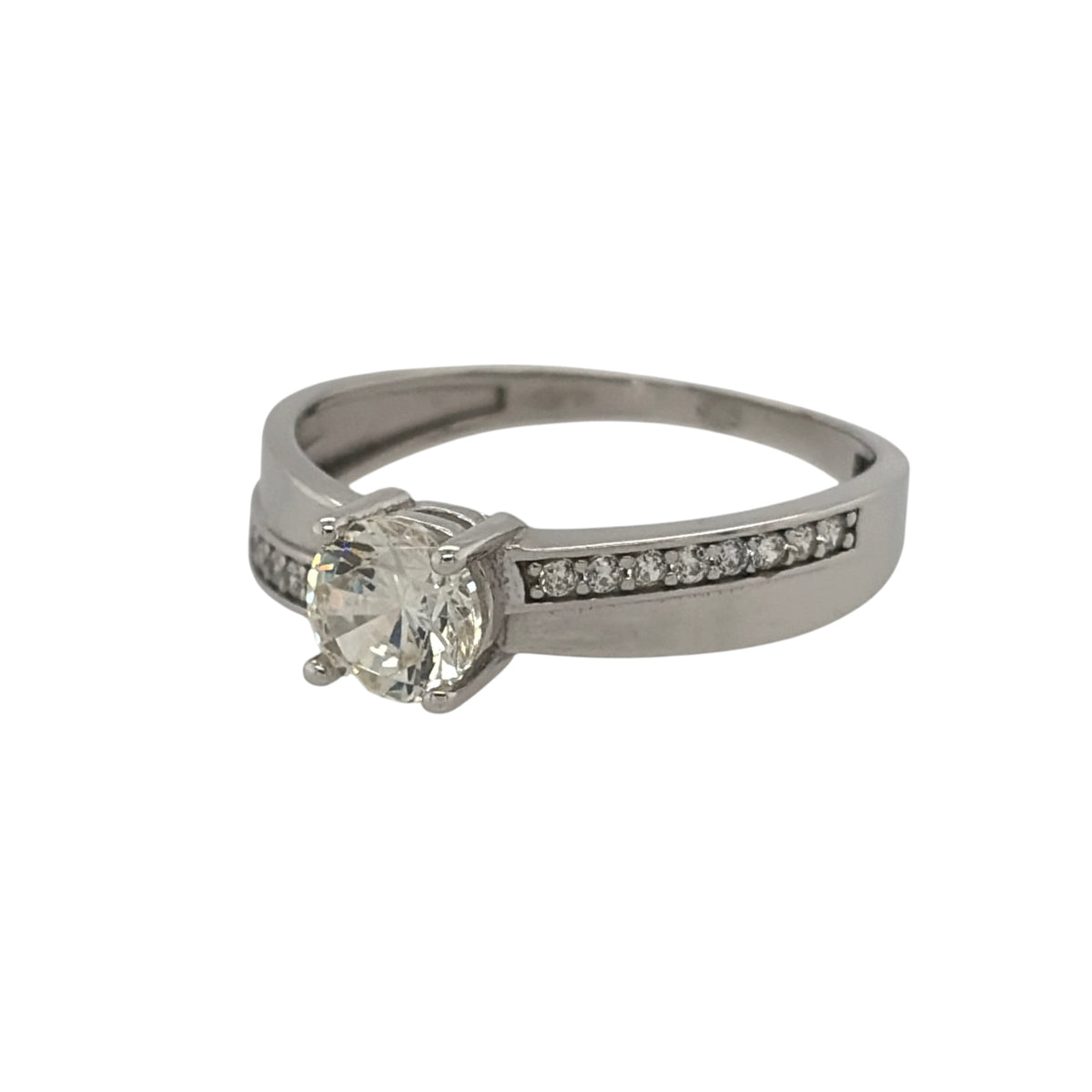 New 9ct White Gold &amp; Cubic Zirconia Solitaire Ring in various sizes with the approximate weight 1.50 grams. The center round stone is 3mm diameter with smaller stones on the shoulders