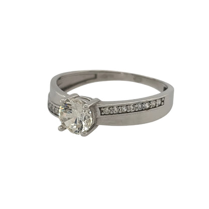 New 9ct White Gold &amp; Cubic Zirconia Solitaire Ring in various sizes with the approximate weight 1.50 grams. The center round stone is 3mm diameter with smaller stones on the shoulders