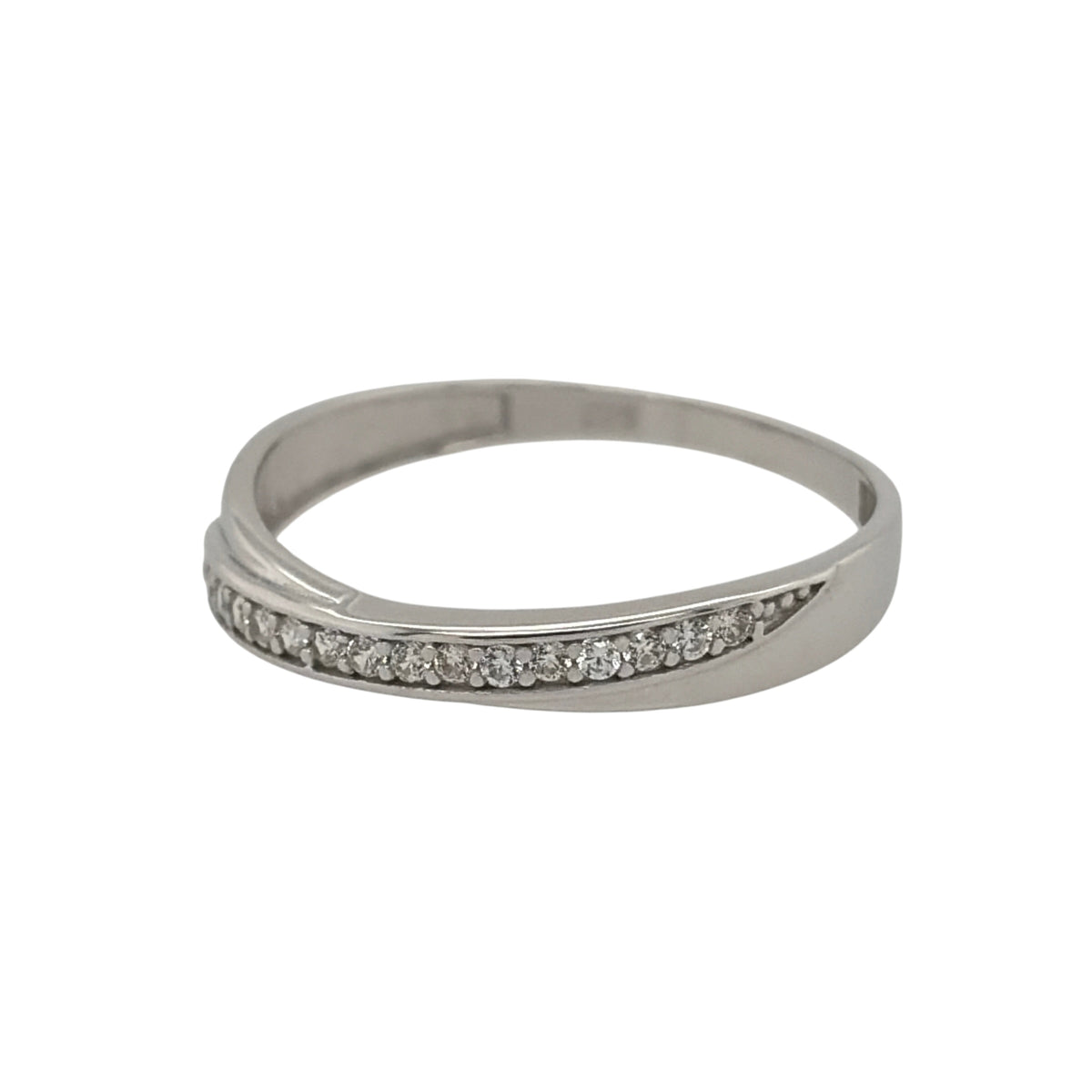 New 9ct White Gold &amp; Cubic Zirconia Crossover Band Ring in various sizes with the approximate weight 0.90 grams. The front of the band is 3.5mm wide