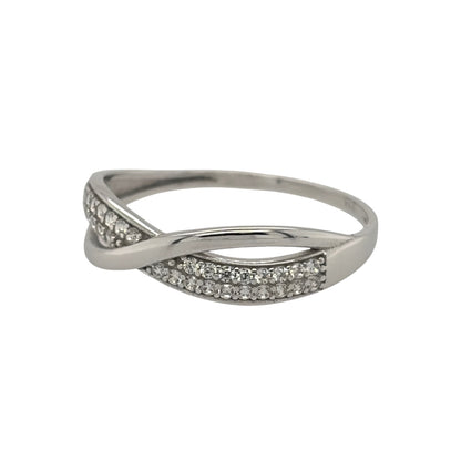 New 9ct White Gold &amp; Cubic Zirconia Crossover Band Ring in various sizes with the approximate weight 1.10 grams. The front of the band is 5.5mm wide