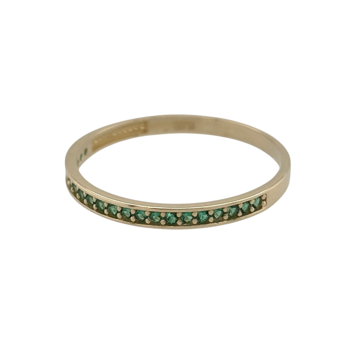 New 9ct Yellow Gold &amp; Emerald coloured green stones Band Ring in various sizes with the approximate weight 0.70 grams. The front of the band is 2mm wide