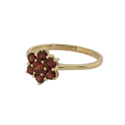 New 9ct Yellow Gold &amp; Garnet Flower Cluster Ring in various sizes with the approximate weight 1.50 grams. The front of the ring is approx 9mm high
