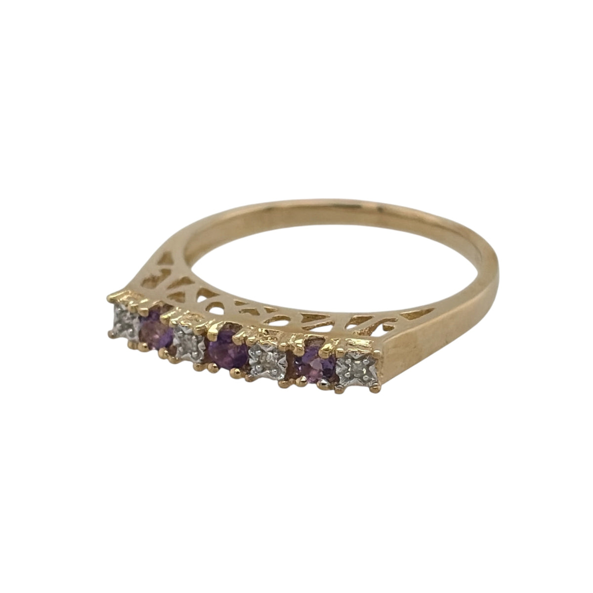 New 9ct Yellow Gold Diamond &amp; Amethyst Band Ring in various sizes with the approx weight 2 grams. The three round amethyst stones are 2mm diameter and the 0.02ct of diamond content has approximate clarity i2-i3 and colour H - I