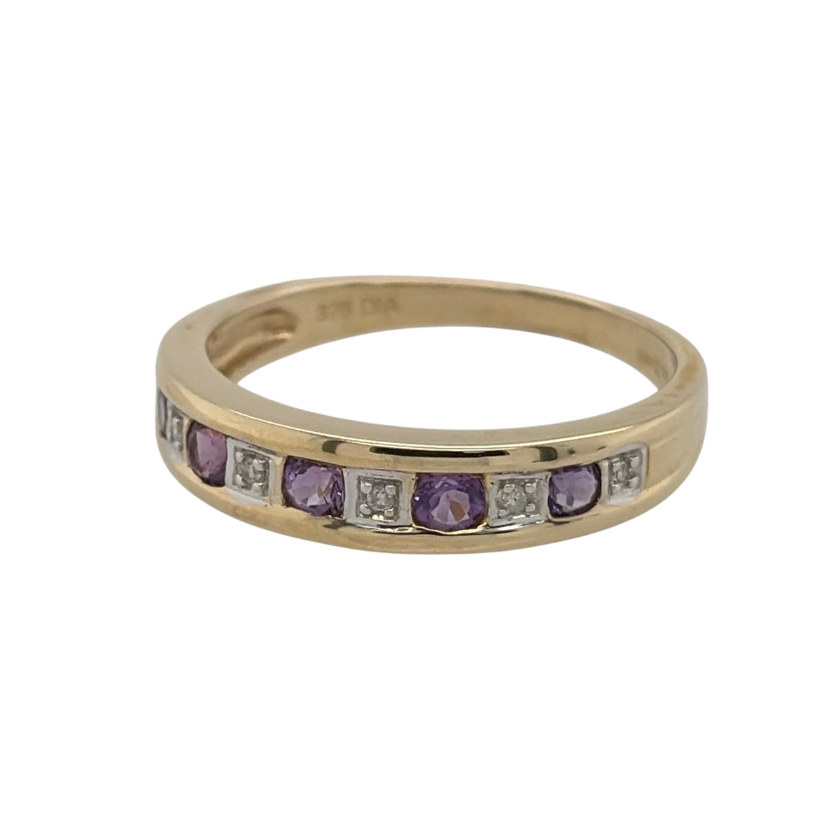 New 9ct Yellow Gold Diamond &amp; Amethyst Band Ring in various sizes with the approx weight 2.30 grams. The five round amethyst stones are from 2mm to 2.5mm diameter and the 0.02ct of diamond content has approximate clarity i2-i3 and colour H - I