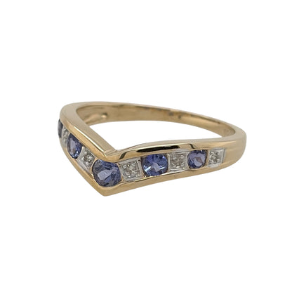 New 9ct Yellow Gold Diamond &amp; Tanzanite Wishbone Ring in various sizes with the approx weight 2.20 grams. The five round tanzanite stones are from 2.2mm to 3mm diameter and the 0.02ct of diamond content has approximate clarity i2-i3 and colour H - I