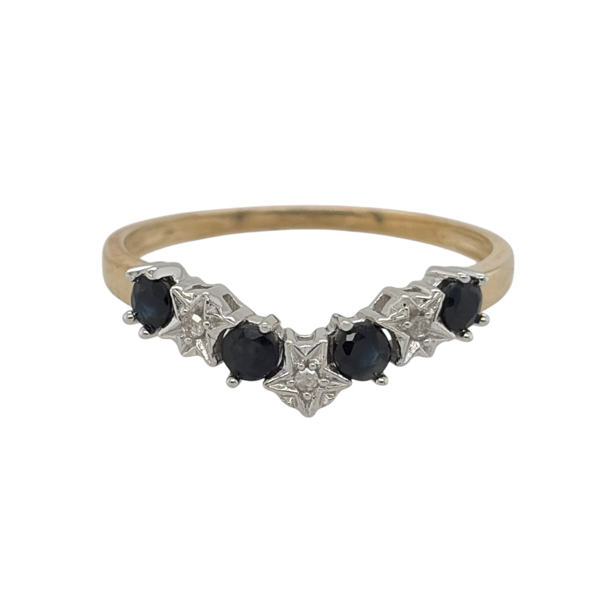 9ct Gold Diamond & Sapphire Wishbone Ring