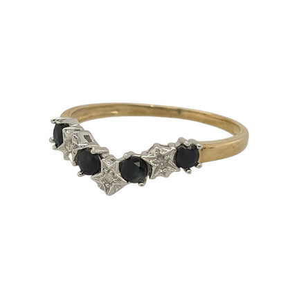 New 9ct Yellow Gold Diamond &amp; Sapphire Wishbone Ring in various sizes with the approx weight 2.20 grams. The four round sapphire stones are 2.5mm diameter and the 0.02ct of diamond content has approximate clarity i2-i3 and colour H - I