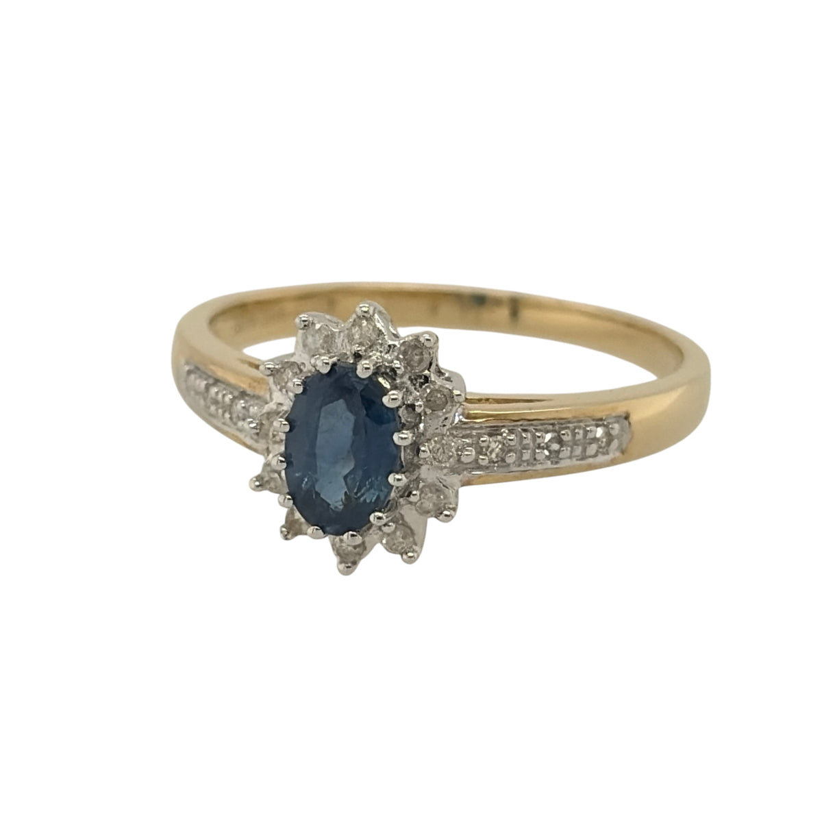 New 9ct Yellow Gold Diamond &amp; Sapphire Cluster Ring in various sizes with the approx weight 2.40 grams. The oval sapphire stones are 6mm by 4mm and the 0.18ct of diamond content has approximate clarity i2-i3 and colour H - I