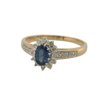 New 9ct Yellow Gold Diamond &amp; Sapphire Cluster Ring in various sizes with the approx weight 2.40 grams. The oval sapphire stones are 6mm by 4mm and the 0.18ct of diamond content has approximate clarity i2-i3 and colour H - I